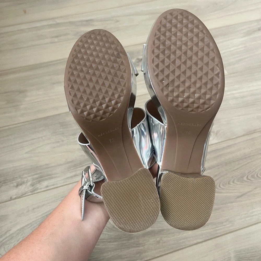 Aerosoles Camilia Platform Sandals Retro Silver 7.5 Metallic Block Heel